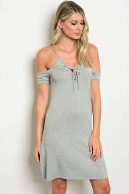 S14-7-3-D0663 HEATHER GRAY LACE-UP COLD SHOULDER DRESS 2-2-2