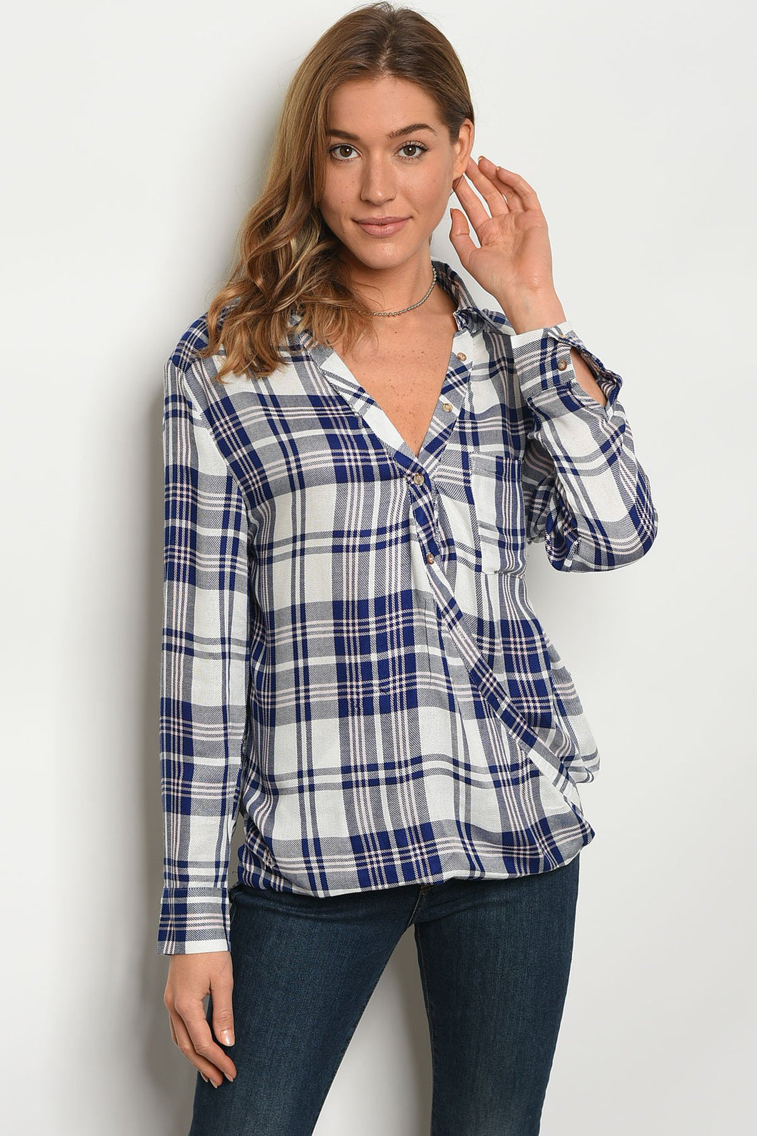 S9-5-4-T23863 OFF WHITE NAVY CHECKERS TOP 2-2-2