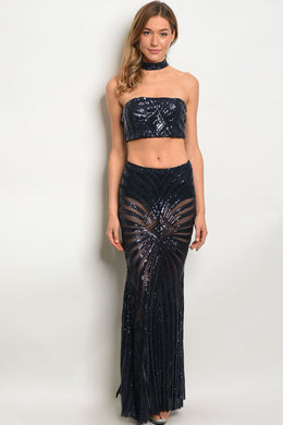 Y-B-SET6889 NAVY WITH SEQUINS TOP & SKIRT SET 2-2-2