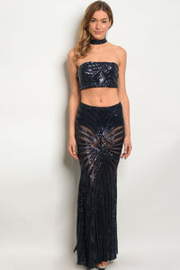 Y-B-SET6889 NAVY WITH SEQUINS TOP & SKIRT SET 2-2-2